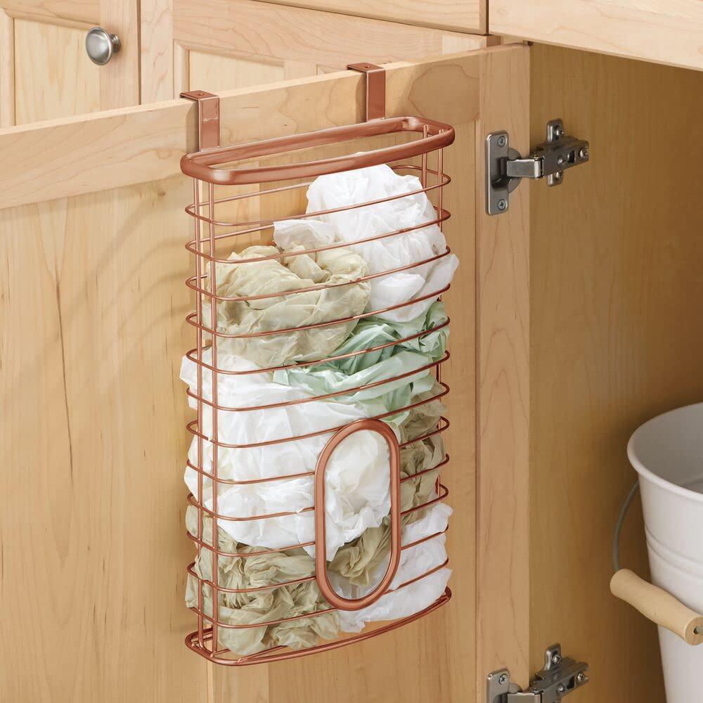 mDesign, mDesign Steel Hanging Cabinet Storage Organizer Holder for Kitchen, Pantry - Holds Plastic, Sandwich, Garbage, Grocery and Trash Bags; Wrap, Foil, Pack - Spira Collection - Copper