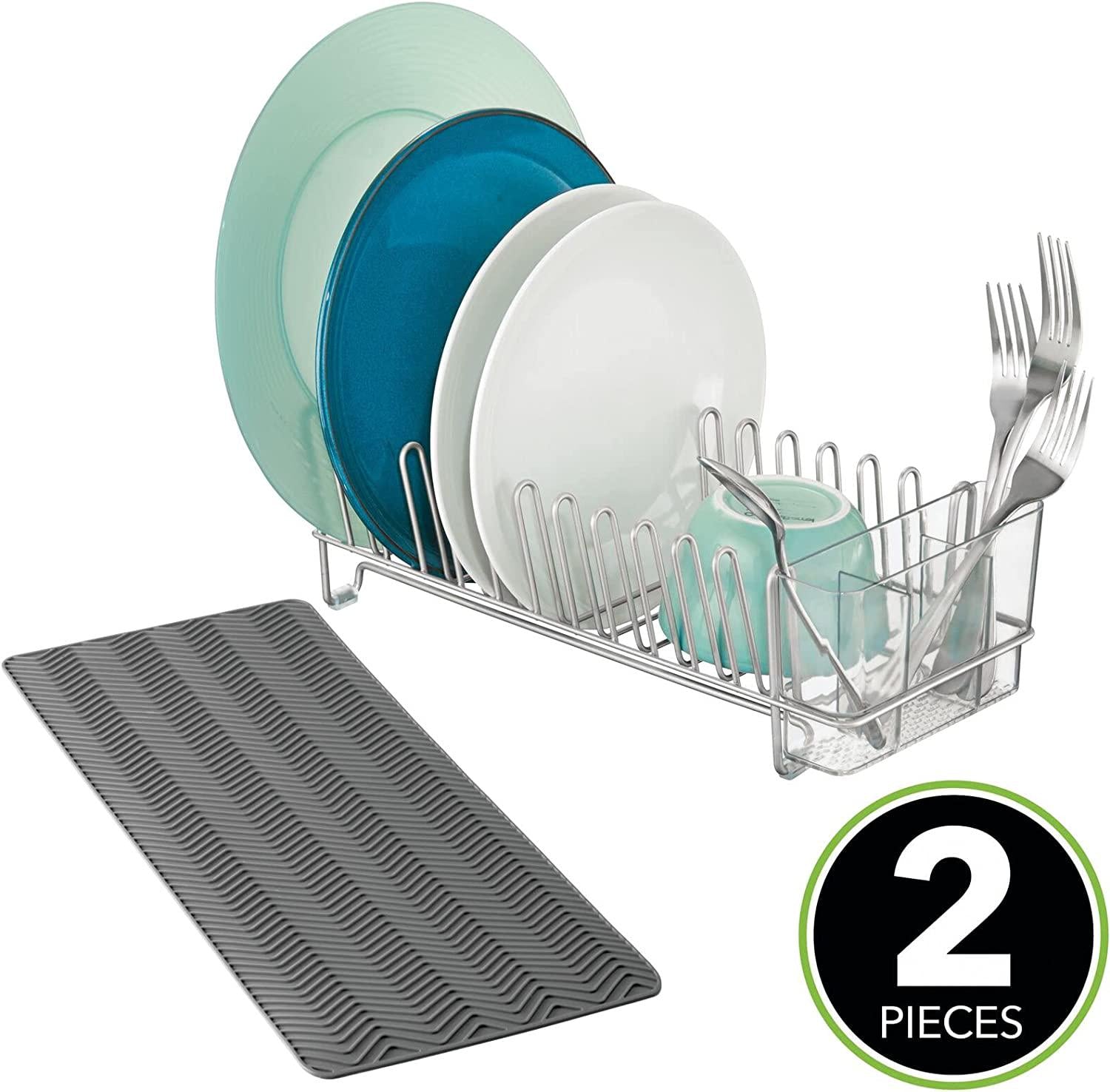 mDesign, mDesign Steel Sink Dish Drying Rack/Dish Drainer Storage Organizer w/Wire Drainer, Drying Mat for Kitchen Counter, Easy Drain/Dry Dishes, Plate, Utensil - Concerto Collection, Set of 2 - Chrome/Gray