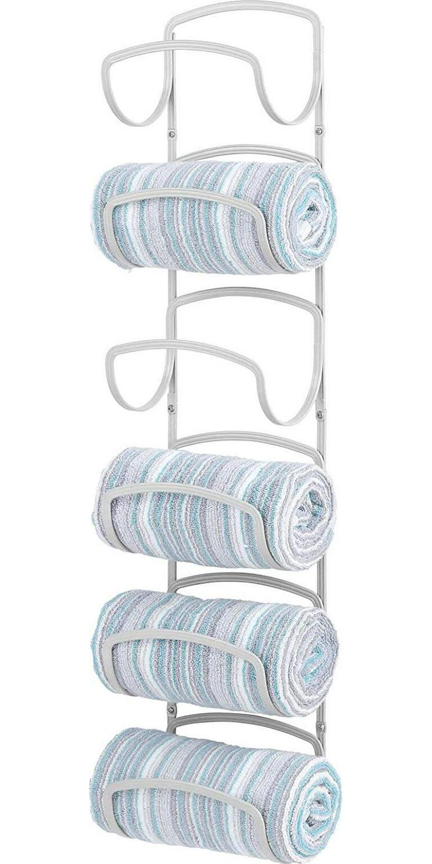 mDesign, mDesign Steel Wall Mount Towel Storage Rack for Bathroom, Kitchen, Utility Room - Holds Hand Towels, Towels, Robes - Easy to Install, Six Levels - Hyde Collection - Light Gray