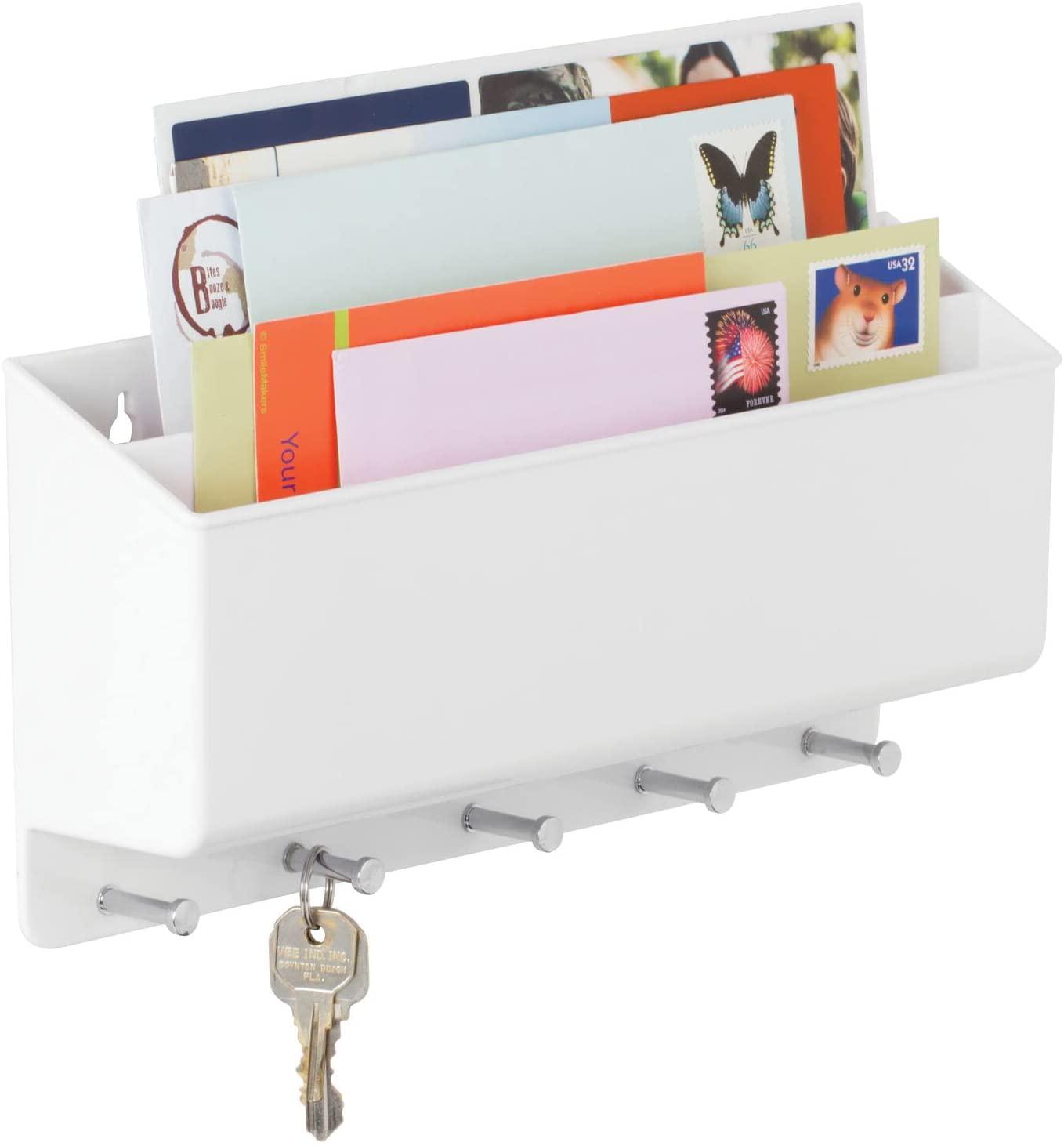 mDesign, mDesign Wall Mount Plastic Divided Mail Organizer Storage Basket - 2 Sections, 5 Metal Peg Hooks - for Entryway, Mudroom, Hallway, Kitchen, Office - Holds Letters, Magazines, Coats, Keys - White