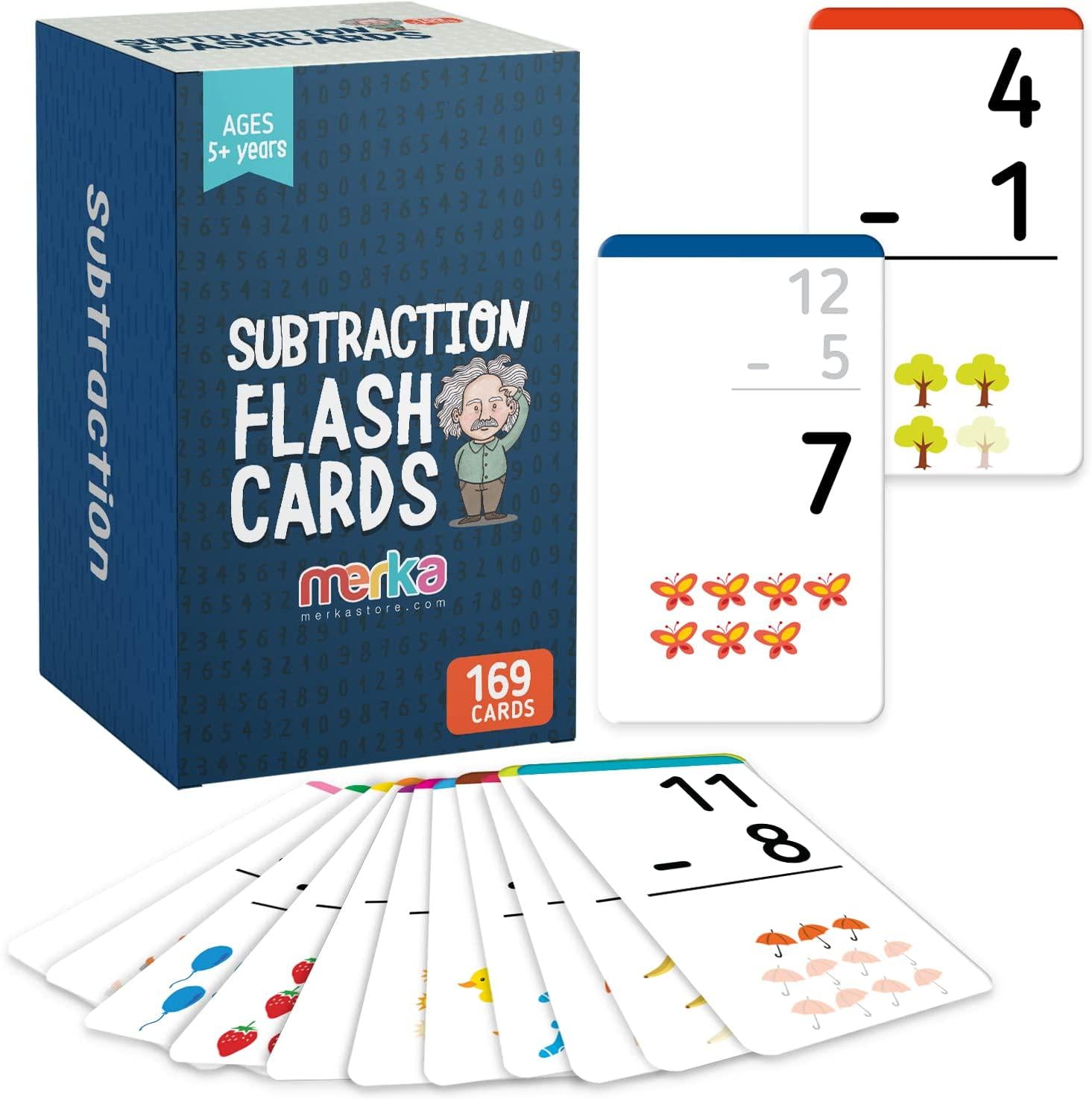 merka, merka Educational Flashcards: Subtraction Facts (Numbers 0 - 12) Learning Toy/Card Game for Kids Ages 4 to 8 Homeschool/Classroom Resource for Preschool, Kindergarten and Beyond Set of 169 Cards