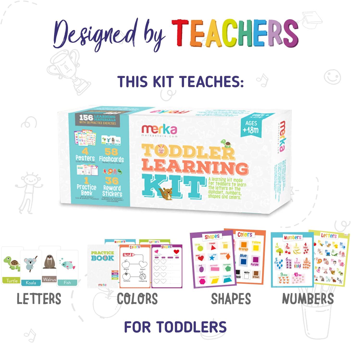 merka, merka Toddler Learning Kit - Includes 4 Posters, 58 Flashcards, 58 Practice Book Exercises and 36 Reward Stickers - Learn Letters, Colors, Shapes and Numbers - Prek and K